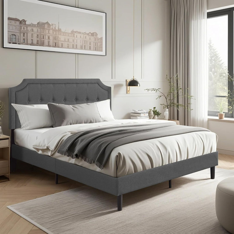 Lark Manor Queen Upholstered Platform Bed Frame With Adjustable Button Stitched Panel Headboard Grey Wayfair